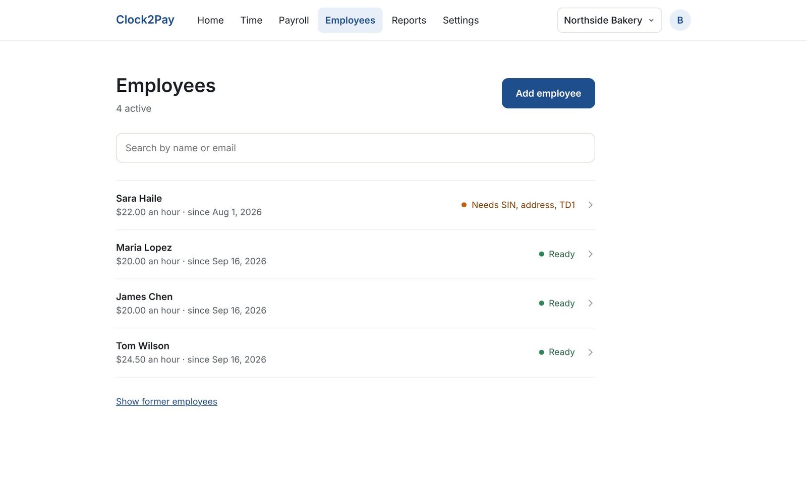 Clock2Pay screen: Employees